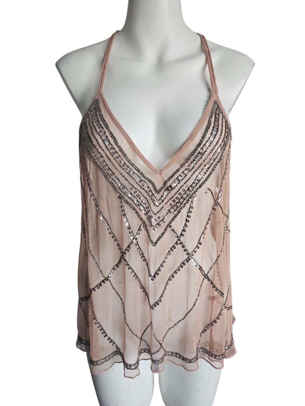Vtg‎ Y2K Forever 21 Sheer Beaded Mesh Blush Pink/Nude Camisole Top Sz Lg Fairy